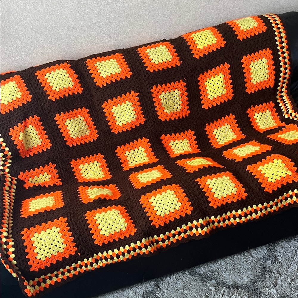 Granny Square Boho Crochet Blanket Country Cabin Farmhouse Rustic Cottagecore